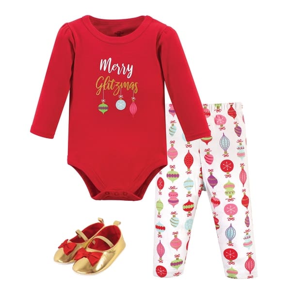 slide 1 of 1, Little Treasure Baby Girl Cotton Bodysuit, Pant and Shoe 3pc Set, Glitzmas 0-3 Months - Glitzmas