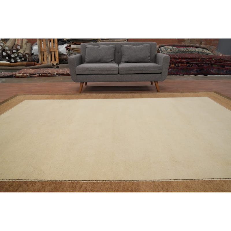Hand Knotted Oriental 100% Wool Carpet Modern Geometric Beige & Ivories Gabbeh Area Rug - 11' 5'' X 8' 1''
