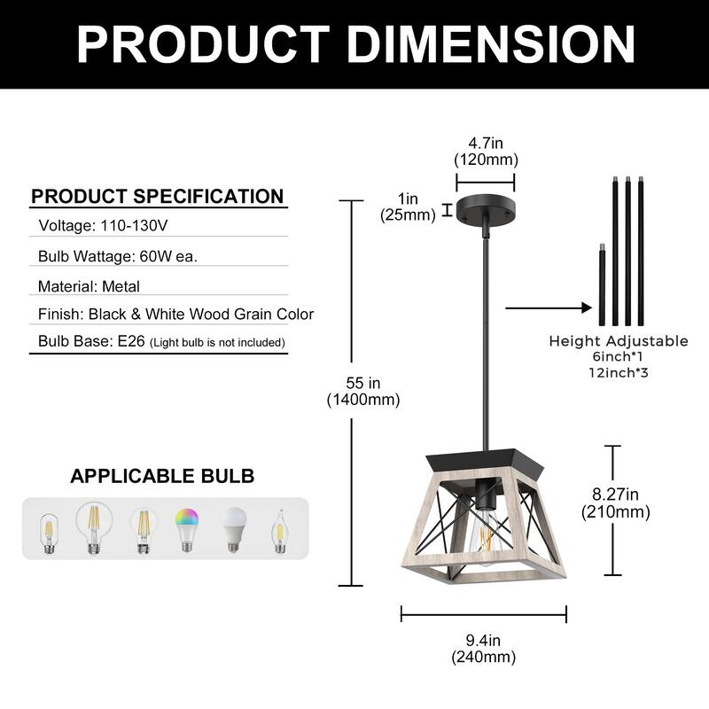 YANSUN Light Wood Industrial Pendant Light with Iron Rods, Adjustable Height