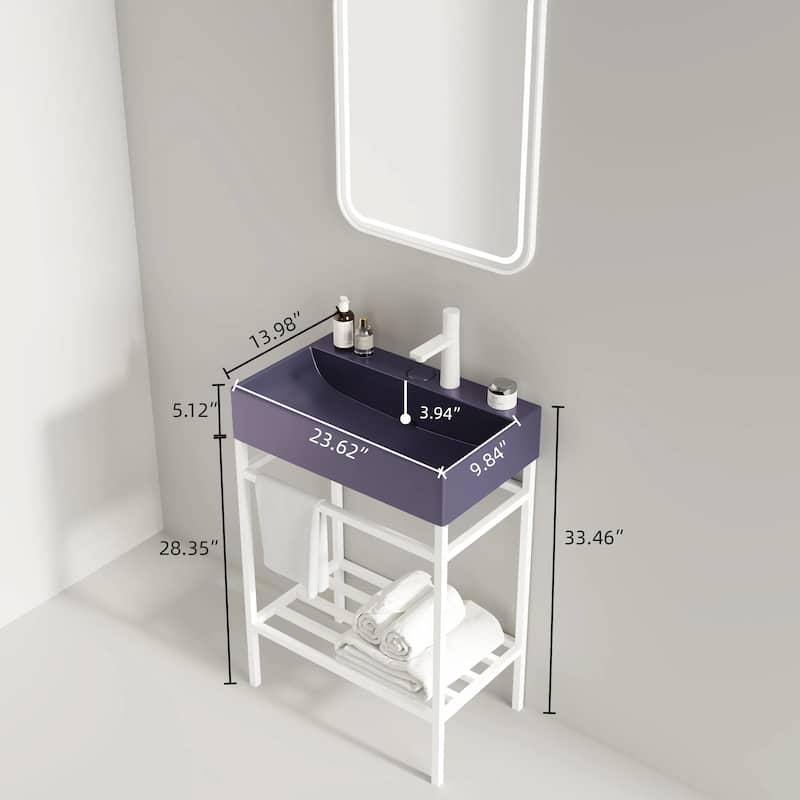 24" Bathroom Vanity with Ceramic Sink, Glossy Red Rectangular Basin, Freestanding Design with Open Metal Le