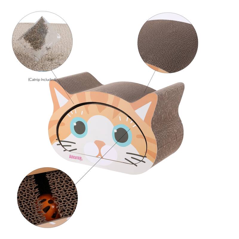 Opal 19" Modern Cardboard Happy Cat Head 2-in-1 Cat Cave Scratcher with Built-In Bell Toys and Catnip, Orange/Blue