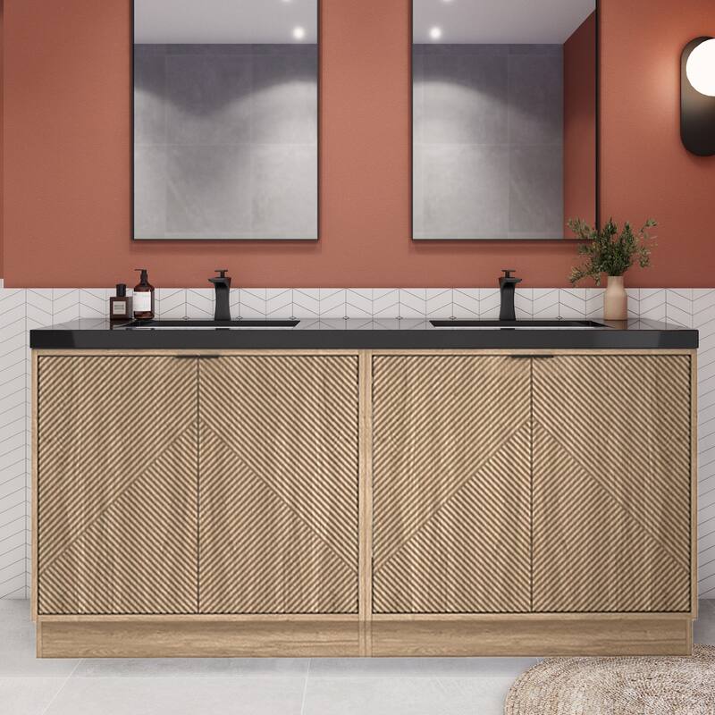 Milano 72" Freestanding Bathroom Vanity with Double Black Acrylic Sink - 70.86" x 19.49" x 35.46'' - Light Brown