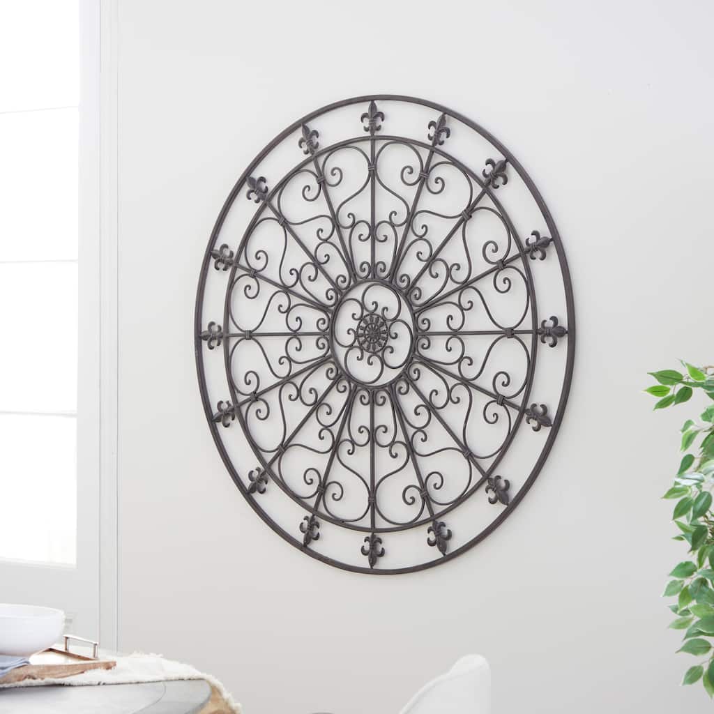 Black Metal Circle Fleur De Lis Home Wall Decor with Scrollwork