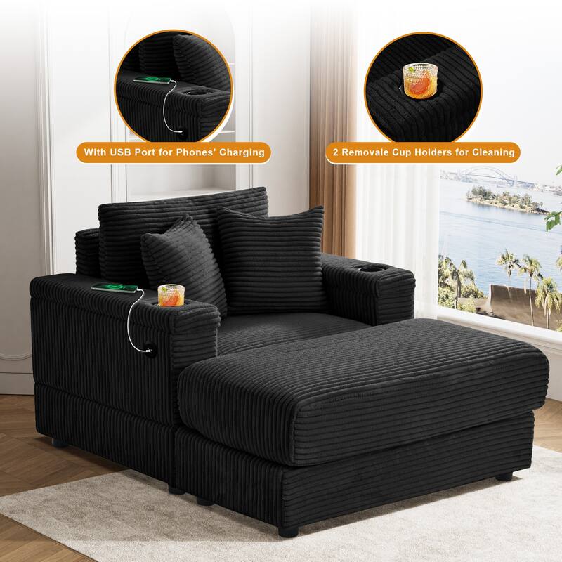 Ouyessir Upholstered Deep Seat Single Sofa with Ottoman for Living Room