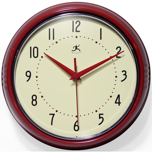 Round Retro Kitchen Wall Clock by Infinity Instruments - 9.5 Inch - Red