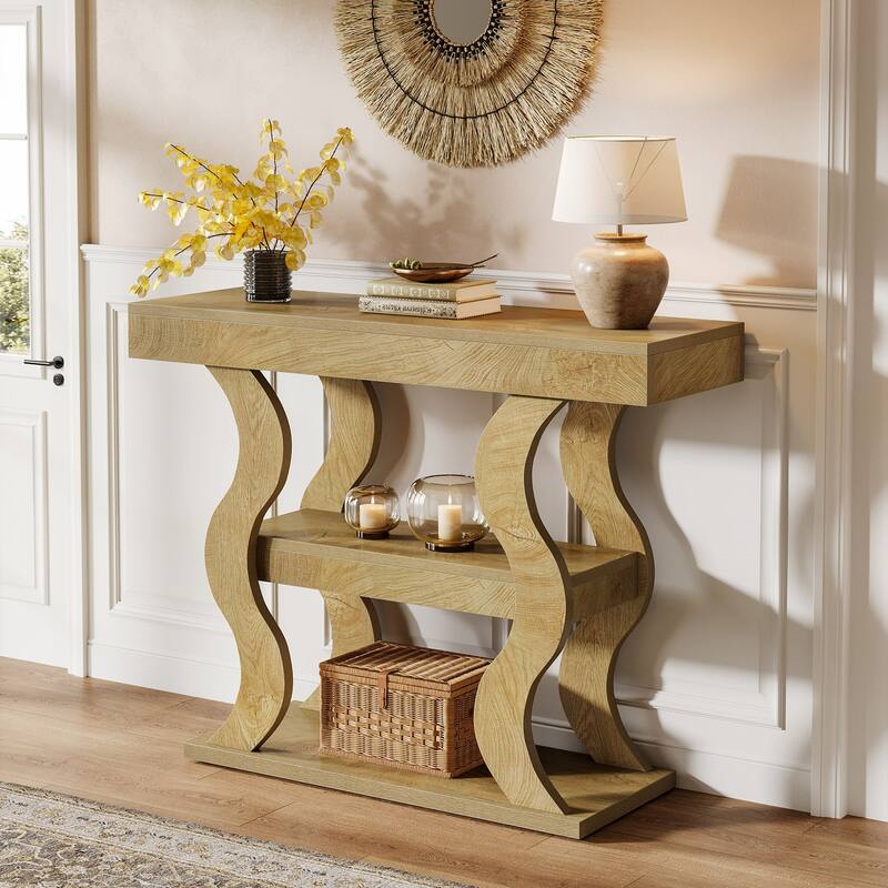 Console Table for Entryway, 3-Tier Wood Sofa Table with Storage Shelves for Living Room, Hallway, Foyer, Entrance - Brown