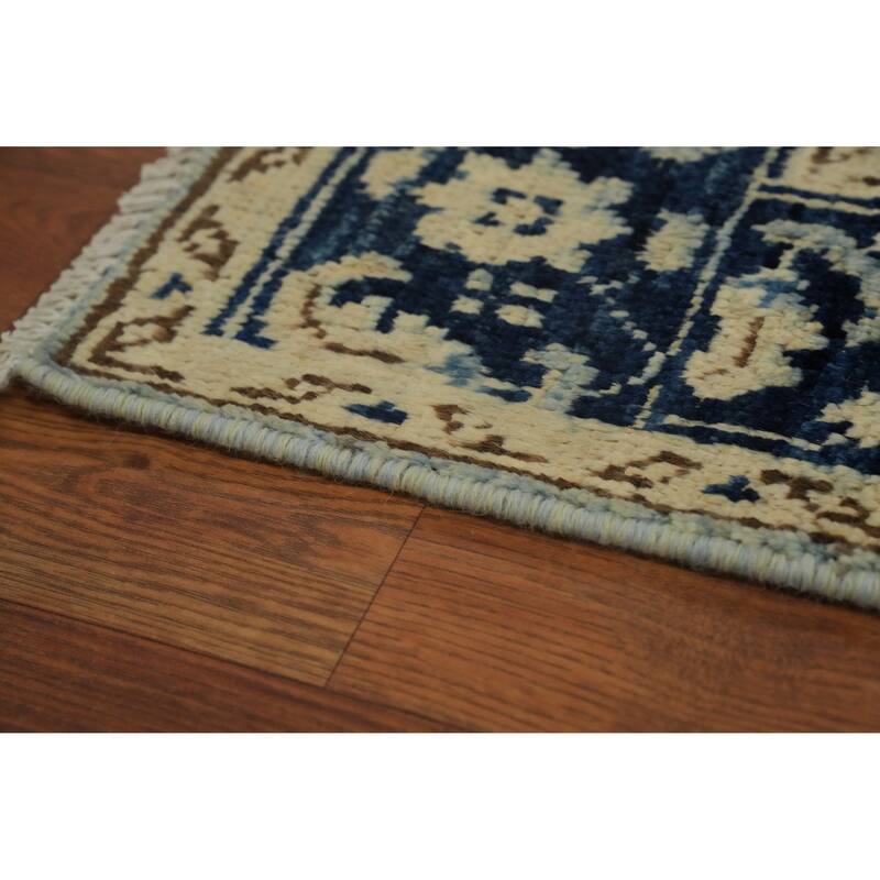 Hand Knotted Oriental Wool Carpet Transitional All-Over Navy Blue & Blues Oushak Area Rug - 7' 0'' X 3' 11''