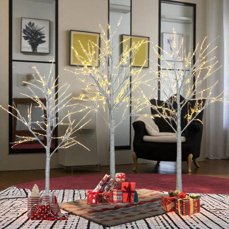 Set of 3 Pre-Lit Birch Trees with Warm White LED Lights, 4FT 5FT 6FT Artificial Christmas Decoration - White