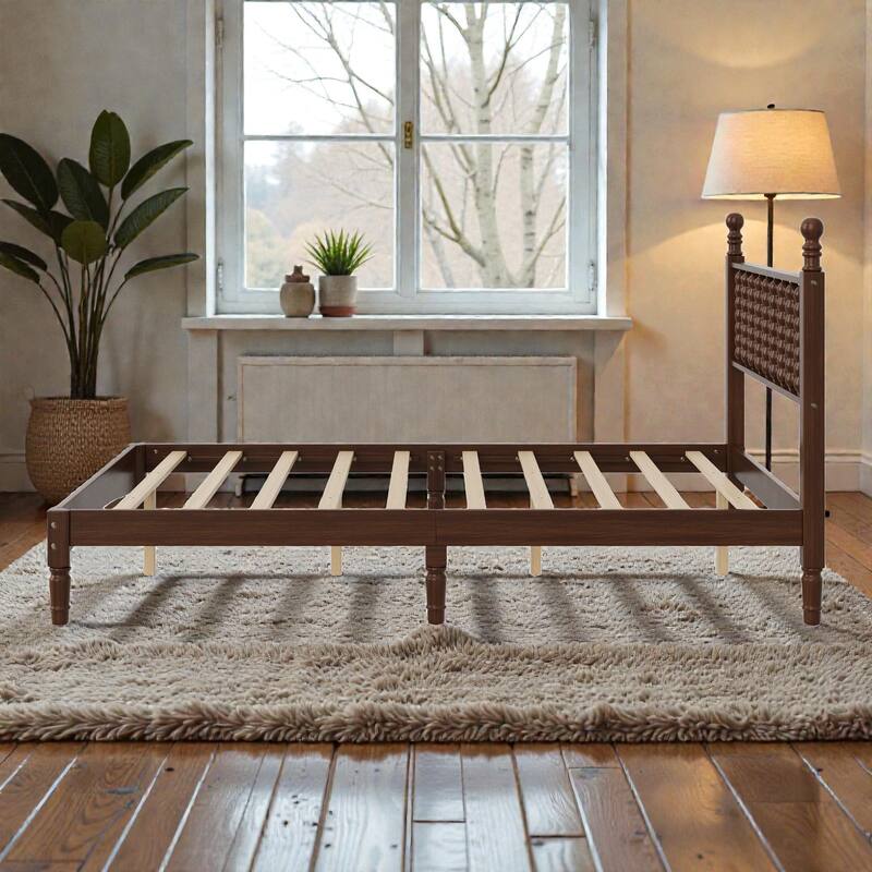 Retro Wood Platform Bed with Gourd Shaped Headboard, Wooden Slat Support, No Box Spring Needed