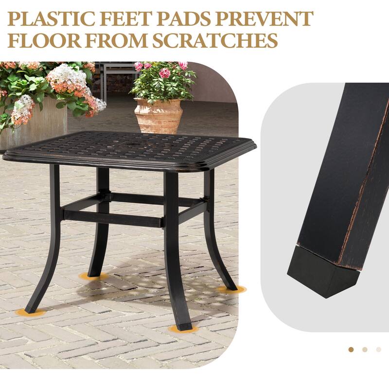 Cast Aluminum Patio Side Table Outdoor Square Table with Umbrella Hole - 24.02" L x 24.02" W x 17.52" H