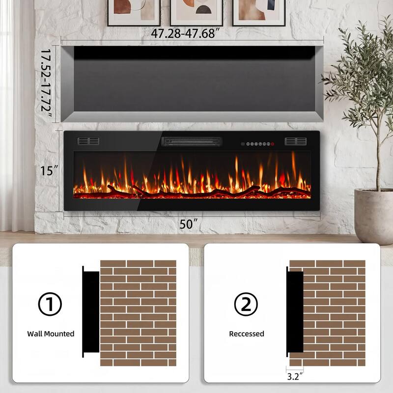 BOSSIN 50" Slim Linear Electric Fireplace with 8H Timer and Overheating Safe Design, 750w/1500w Electric Fireplaces Space Heater