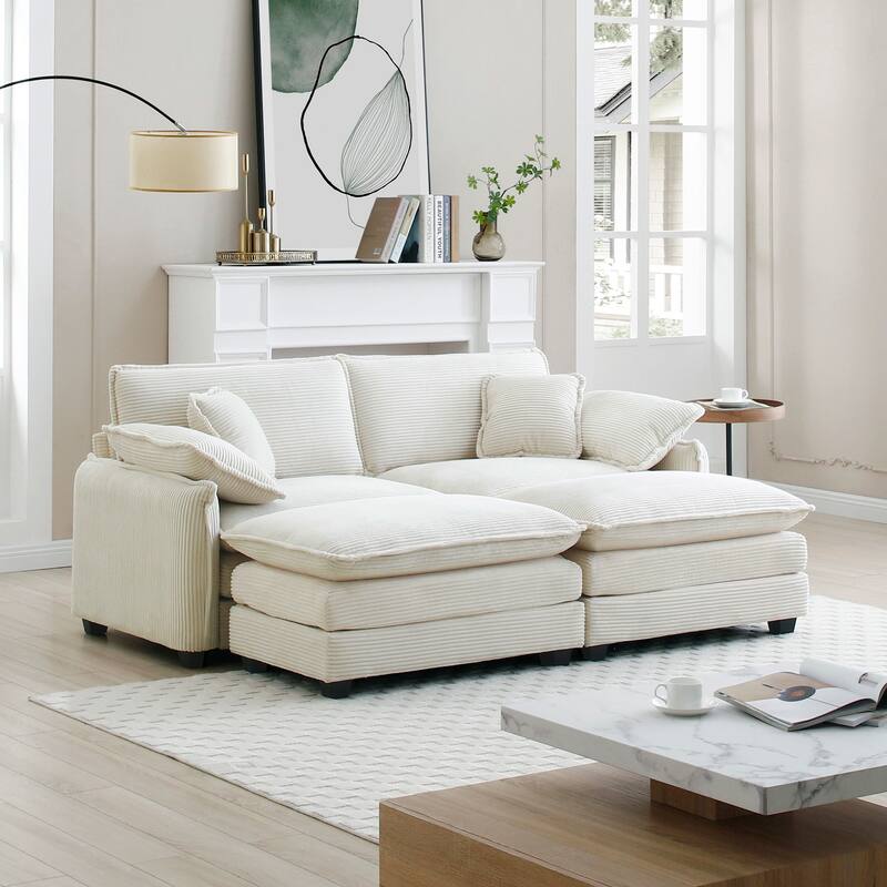 4-Piece Corduroy Modular Sleeper Sectional Sofa with 2 Ottomans & 4 Pillows