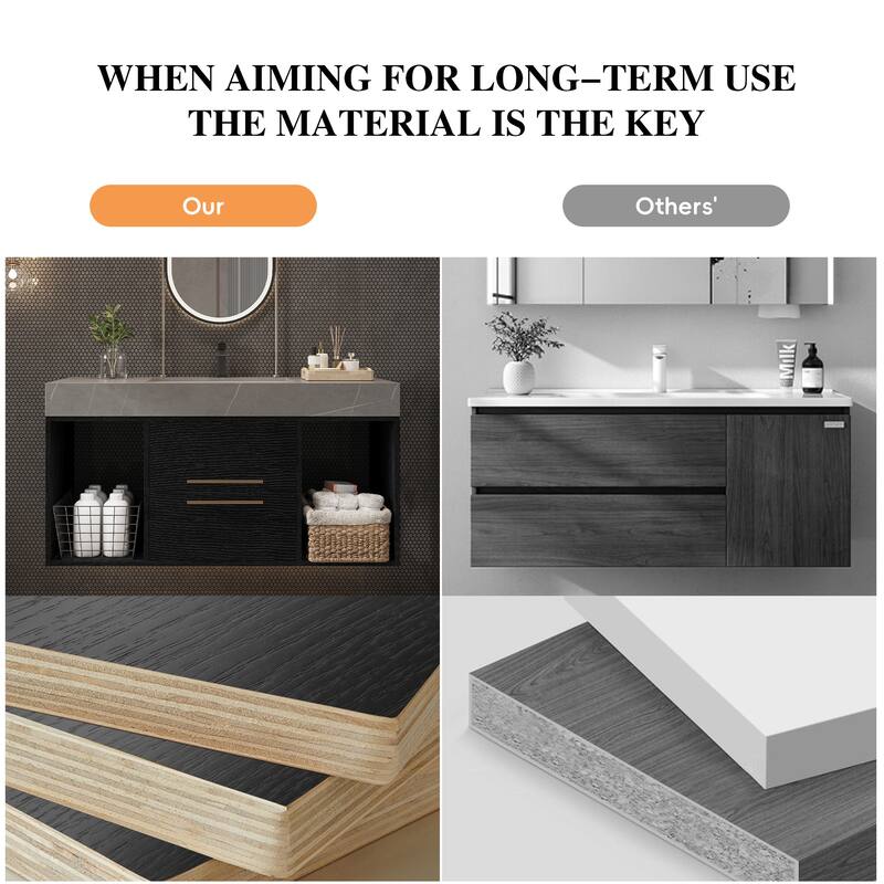 GDFStudio - Modern 39.4" Wall Mounted Floating Sintered Stone Bathroom Vanity with Seamless Ceramic Sink & Soft-Close Drawers