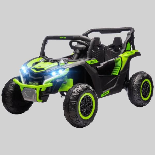 slide 2 of 2, Battery Powered 24V Ride on UTV for Kids, 2-Seater Electric Car with Shock Absorbers, Music Horn, LED Lights, 4MPH Speed Green