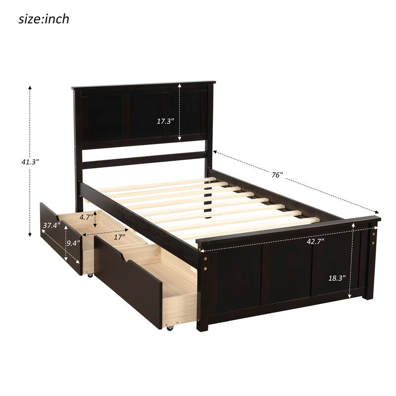 Twin Size Espresso Platform Storage Bed, 2 drawers with wheels