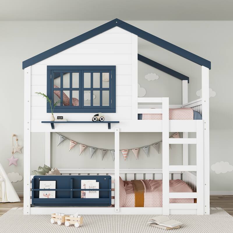 Fairytale House Bunk Bed Wood Loft Bed Frame with Bookshelf and Shelf - White - Full