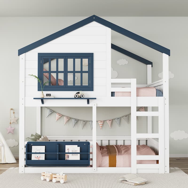 Full/Twin Bunk Bed with Bookshelf, House Design Loft Bed with Safety Fencing, High-Quality Kids Bed Frame - White & Blue - Full