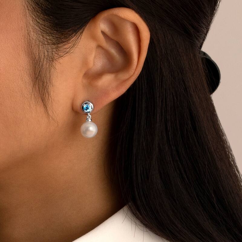 Freshwater Pearl and Swiss Blue Topaz Birthstone Sterling Silver Drop Earrings