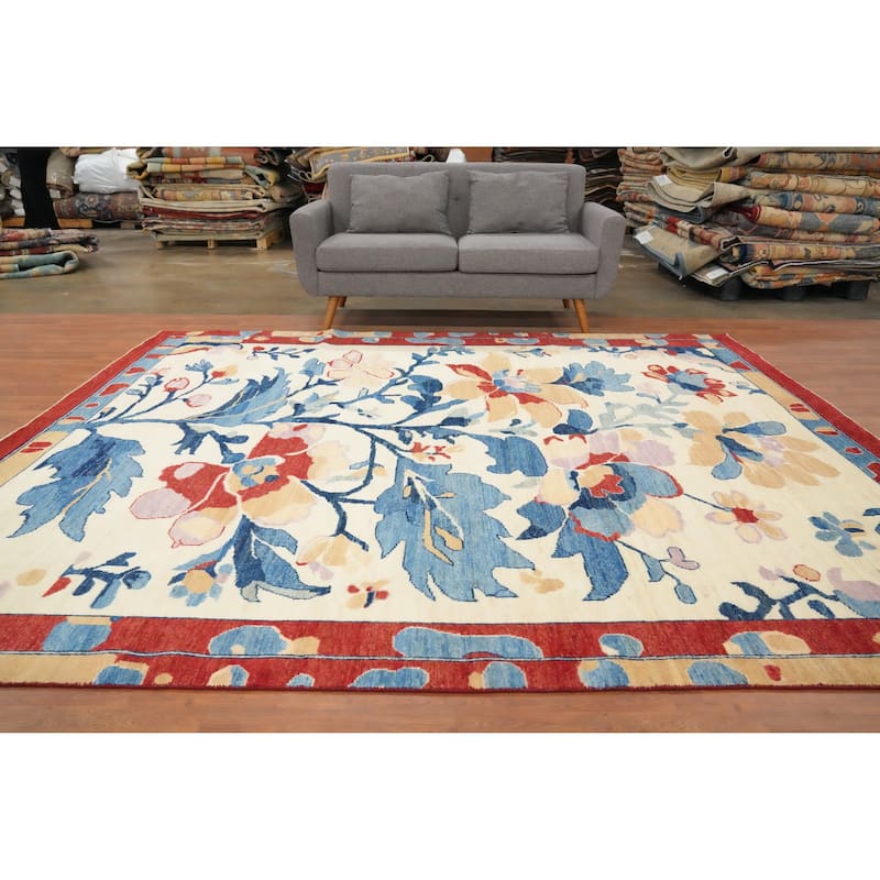 Hand Knotted Oriental 100% Wool Carpet Transitional Floral Beige & Ivories Oushak Area Rug - 9' 10'' X 8' 7''