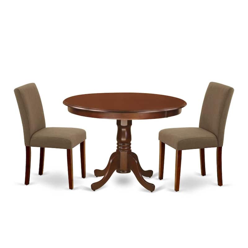 Round Kitchen Table Set 3pc - 42 Inch Table & 2 Parsons Chairs - Linen Fabric & Mahogany Legs - Dining Room Set