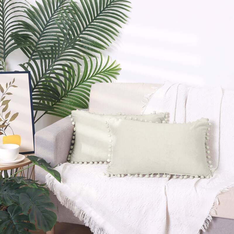 Pack of 2 Velvet Throw Pillow Covers with Pompoms Decorative Pillow Cases Fringe Cushion Covers Velvet Square Sham