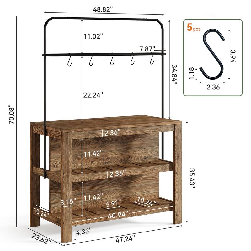 47 Inch Farmhouse Solid Wood Kitchen Island with Storage and 5 Hooks - 23.62" D x 47.24" W x 70.08" H