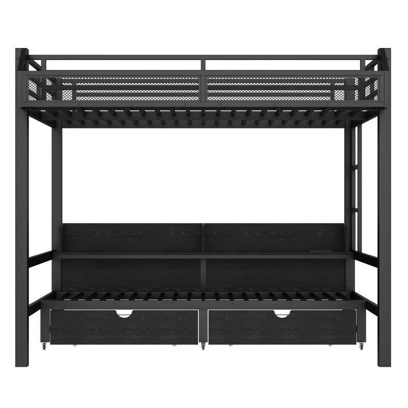 Full over Full Bunk Bed with Storage, USB Ports & LED Lights, Converts to Sofa, Metal Frame