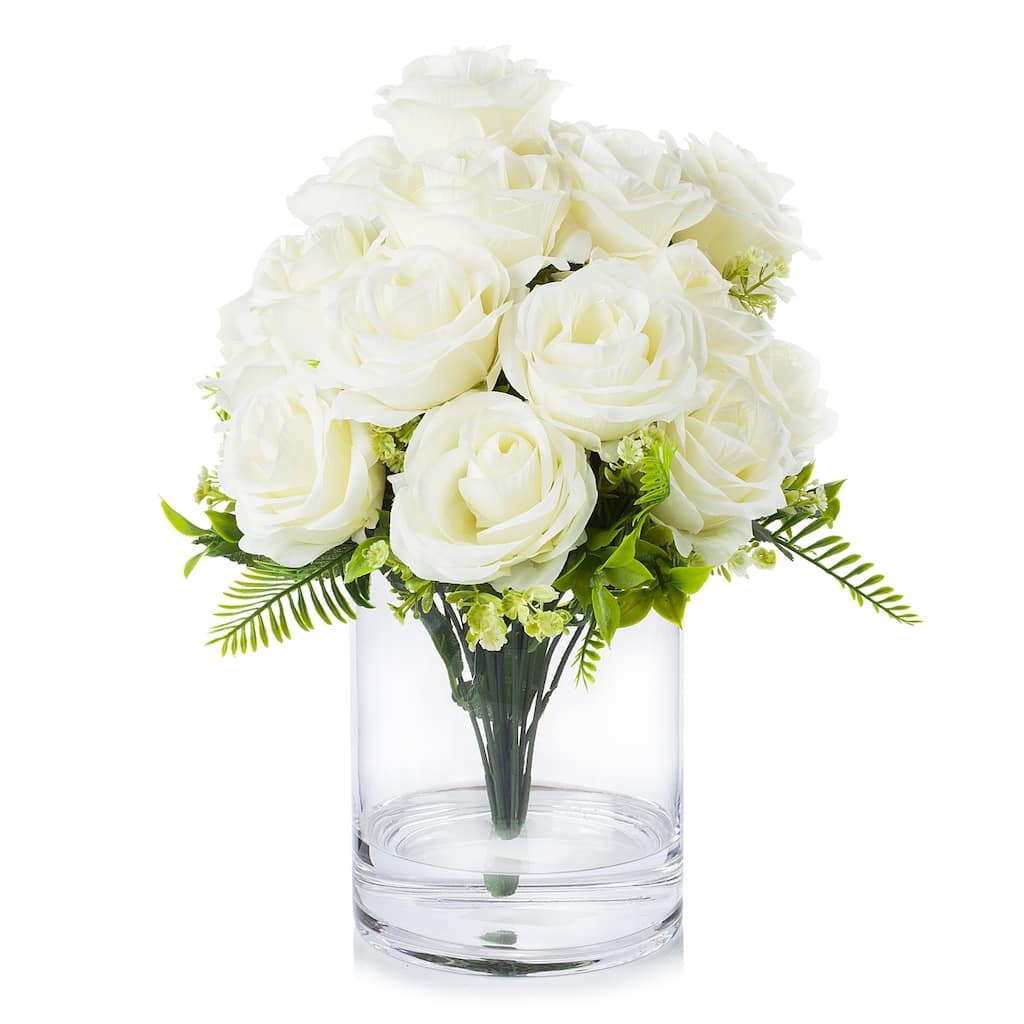 Enova Home Artificial 18 Heads Silk Roses Fake Flowers in Clear Glass Vase with Faux Water for Home Decoration