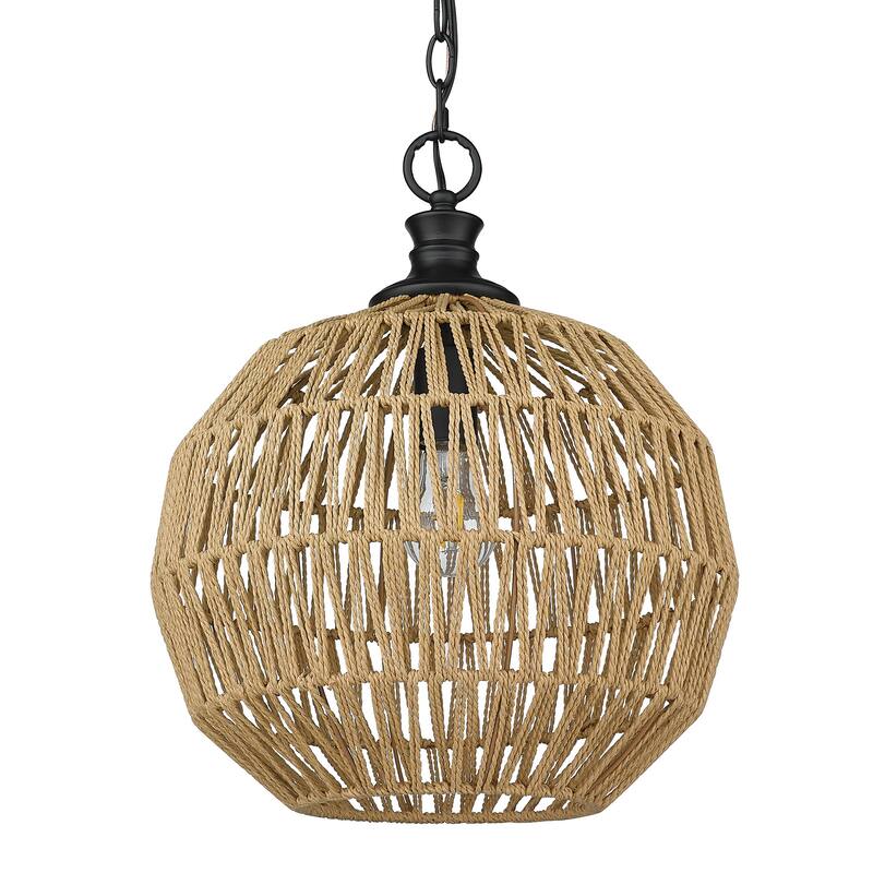 Florence 14" Wide 1-Light Medium Pendant with Rope Shade - Matte Black with Natural Raphia Rope