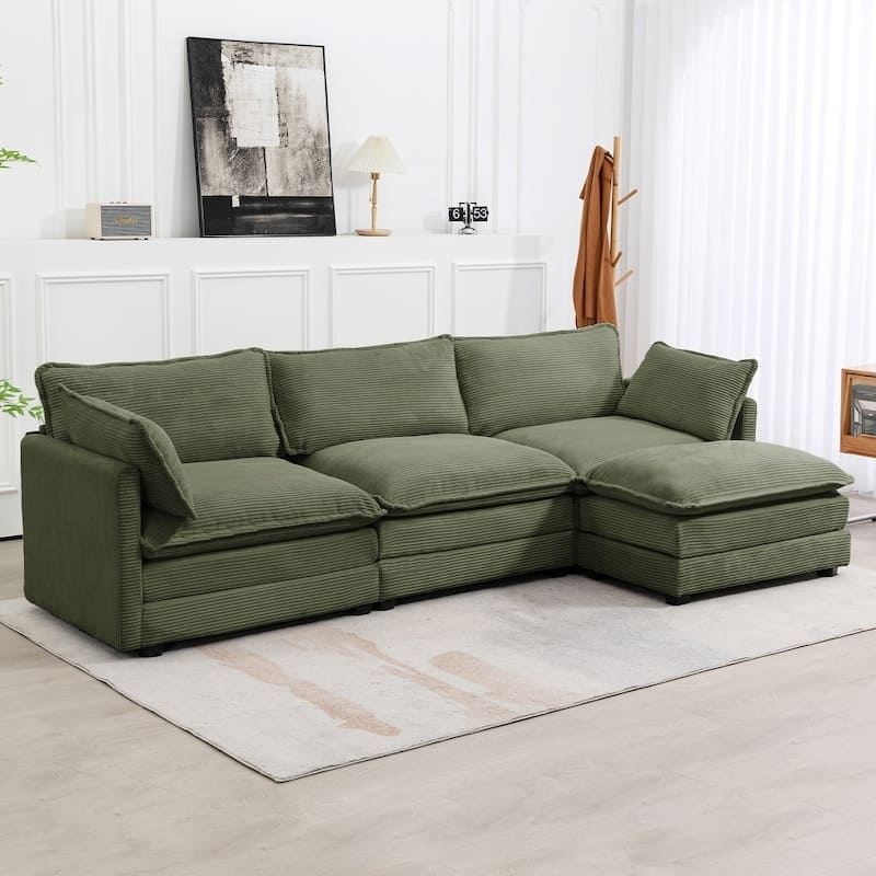 Oversized Modular Corduroy Sectional Sofa Set with Ottoman, 3-Seater / 4-Seater Deep Seat Lounge Couch for Living Room - Olive 3 Seat - Reversible