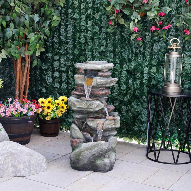 31" Rock Fountain w/ LED, Outdoor Cascading Feature, Gray