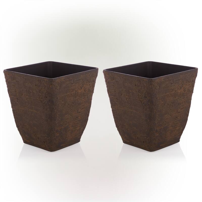 Alpine Corporation Indoor/Outdoor Stone-look Squared Planter, Large, Brown (Set of 2)