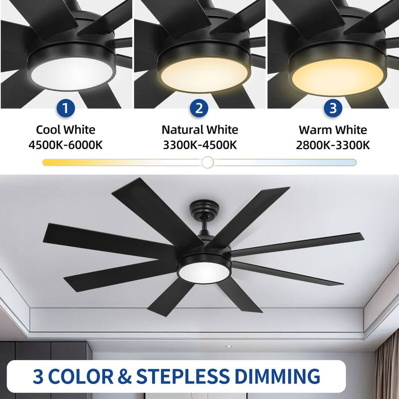 Moasis 60" Matte Black Modern 8-Blade LED Ceiling Fan with Light and Remote