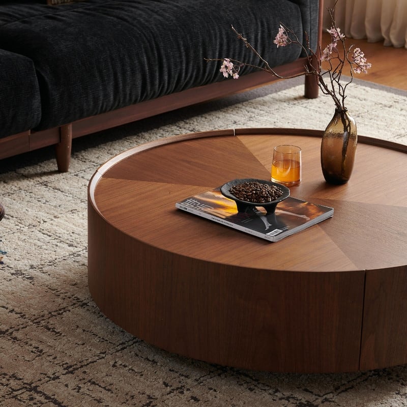 39.3" Round Walnut Coffee Table, Modern Circular Wood Table for Living ...