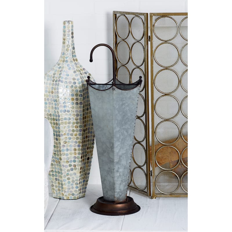 Gray Metal Galvanized Umbrella Stand with Copper Base and Handle - Gray