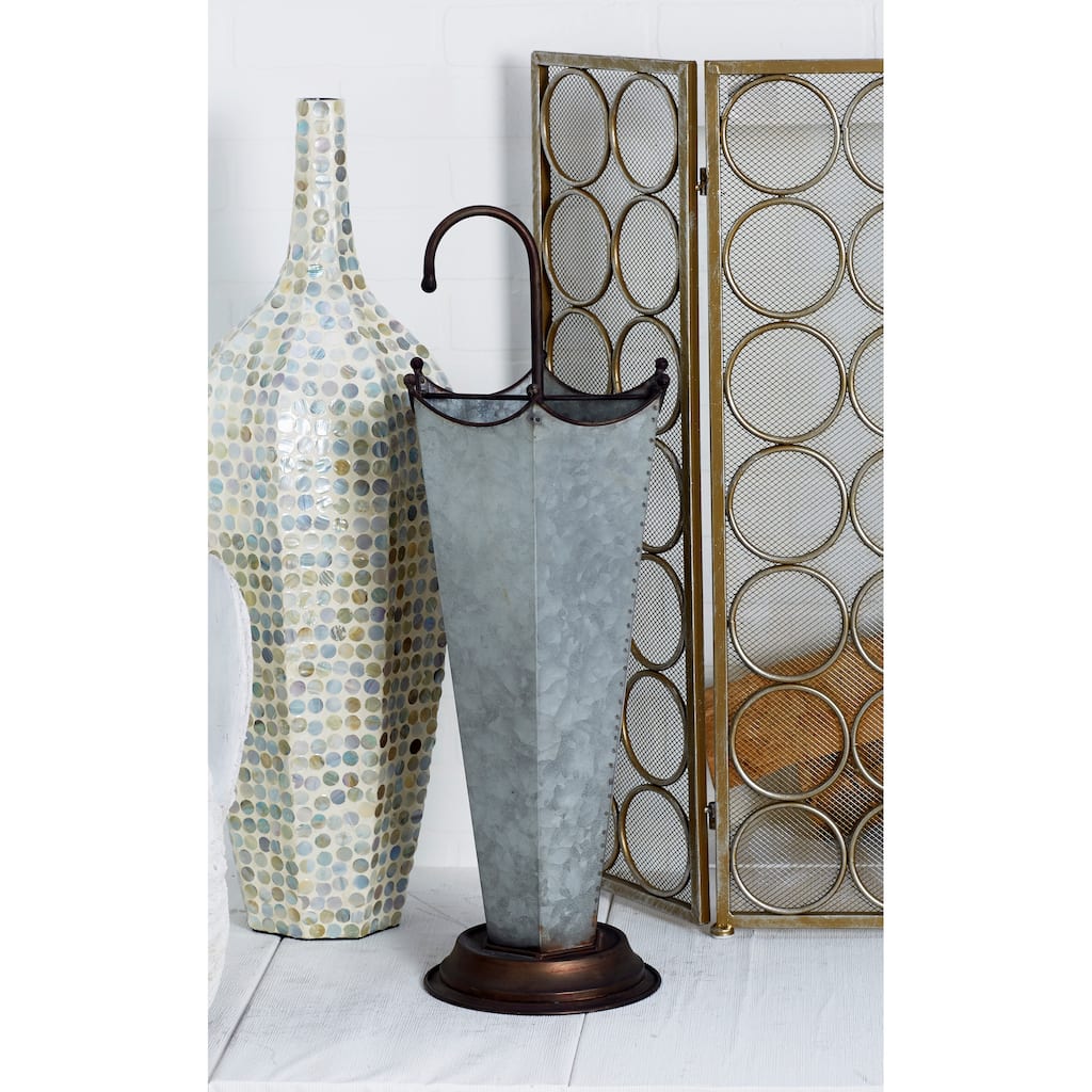 Gray Metal Galvanized Umbrella Stand with Copper Base and Handle