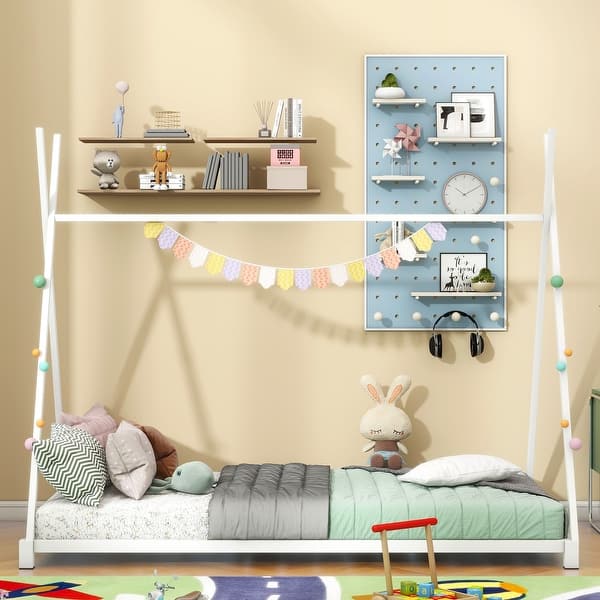 slide 2 of 34, Metal Twin House Platform Bed - Triangle Structure for Kids' Imagination