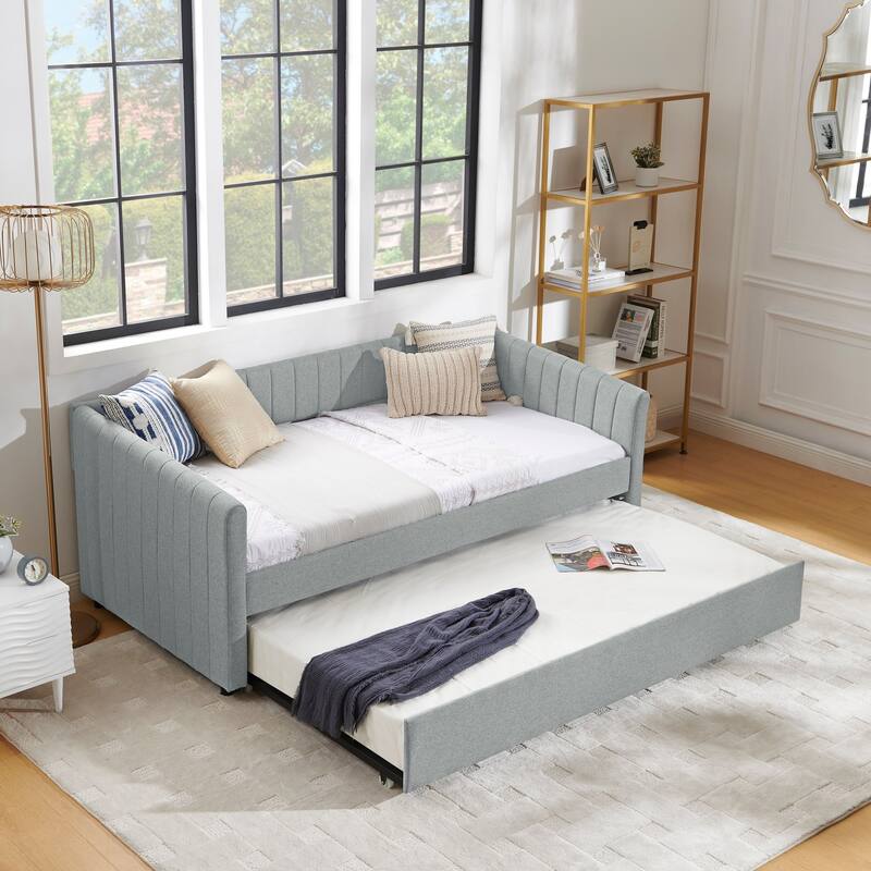 Twin/Full Size Daybed with Trundle, Upholstered Sofa Bed with Vertical Stripes, Linen Fabric, Comfortable Seating for Bedroom