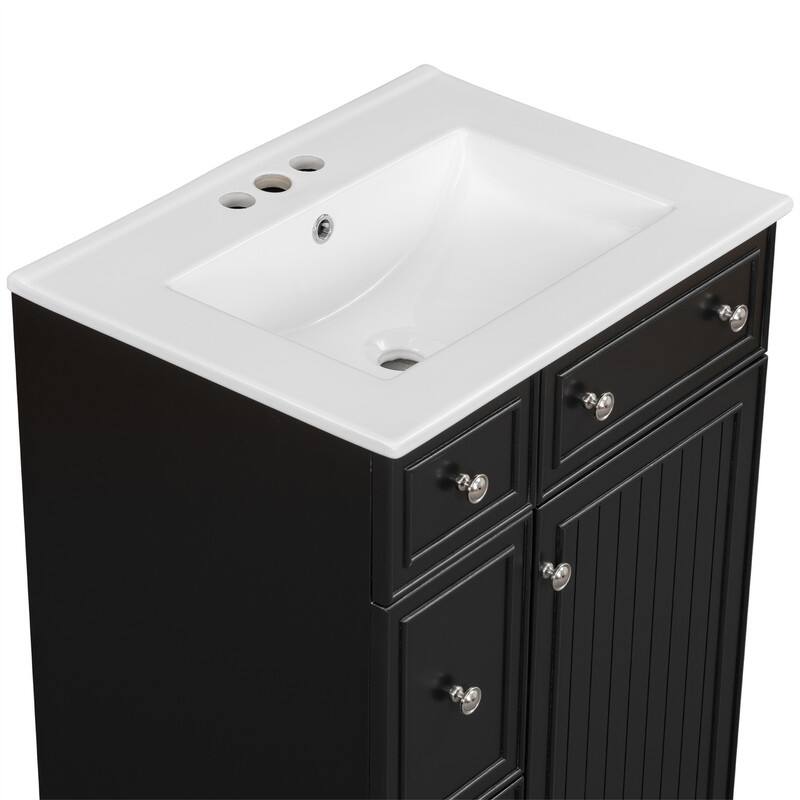 24'' Bathroom Vanity with Ceramic Sink Top, Freestanding Bathroom Vanity Cabinet with 1 Soft Close Door and 2 Storage Drawers