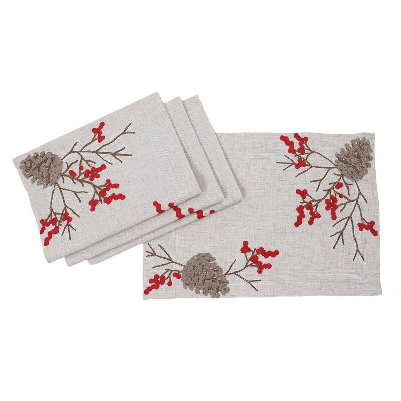 Winter Pinecone & Red Berry Embroidered Placemats - Set of 4