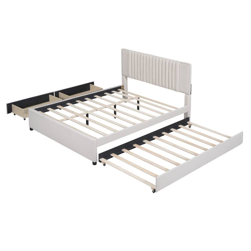 Nordic Creative Queen Size Upholstered Platform Bed with Comfy Soft Headboard Design & 2 Drawers and 1 Twin XL Trundle Bed