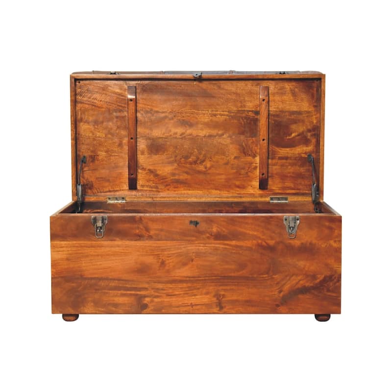 Artisan Furniture Solid Wood Buffalo Hide Chestnut Storage Trunk, Leather, Brown with storage - N/A