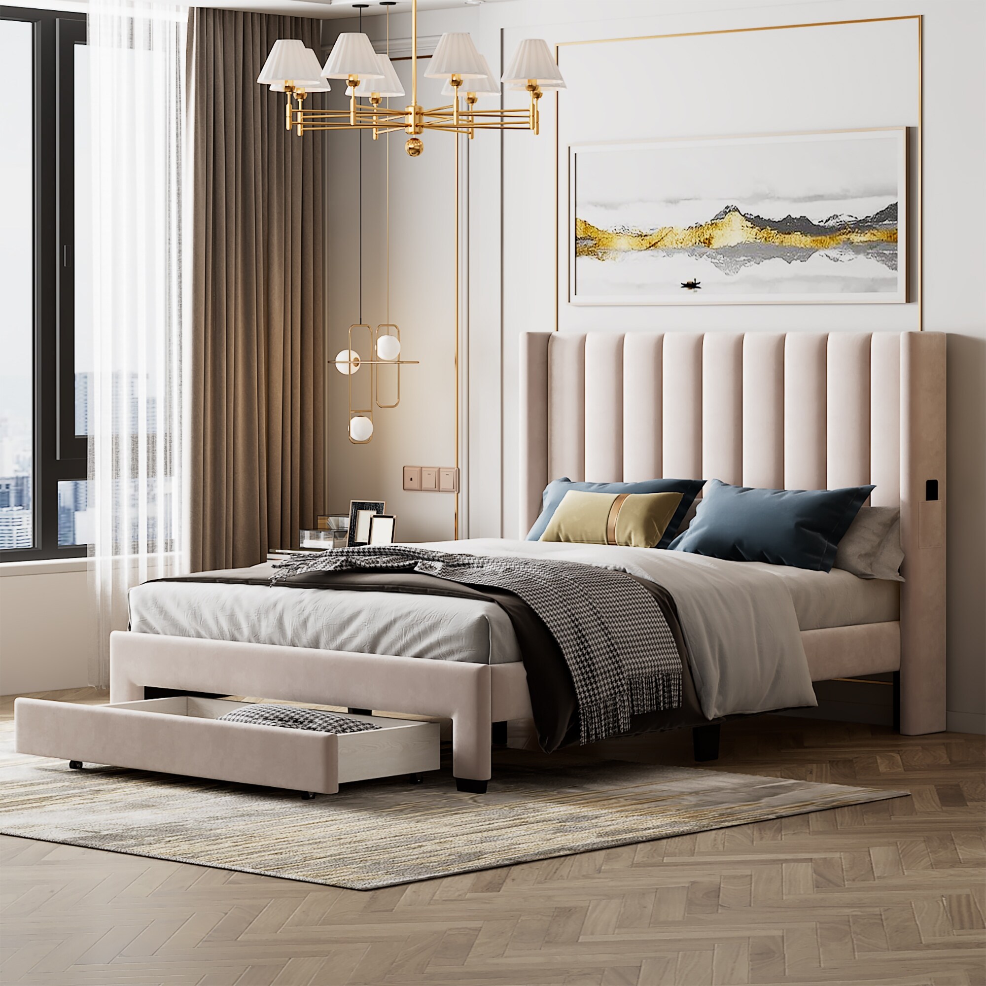 Queen Size Velvet Upholstered Platform Bed with Big Drawer Wood