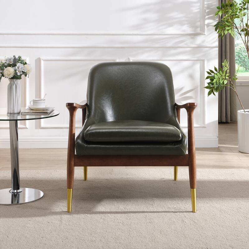 Roomfitters Mid-Century Faux Leather Accent Chair with Cushioned Seat, Solid Wood Frame and Brass-Tipped Legs