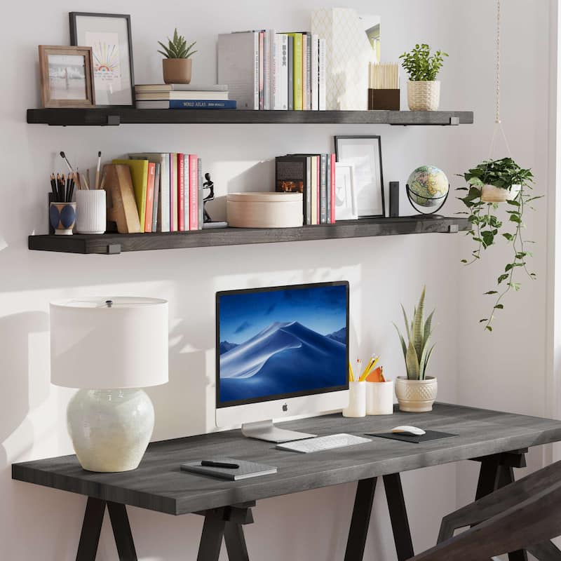 Wallniture Forte Wood Board 60" Long, 9.25'' Deep, 1.5" Thick, Floating Wall Shelf, Hanging Bookshelf, Kitchen, Ebony, 1Pc