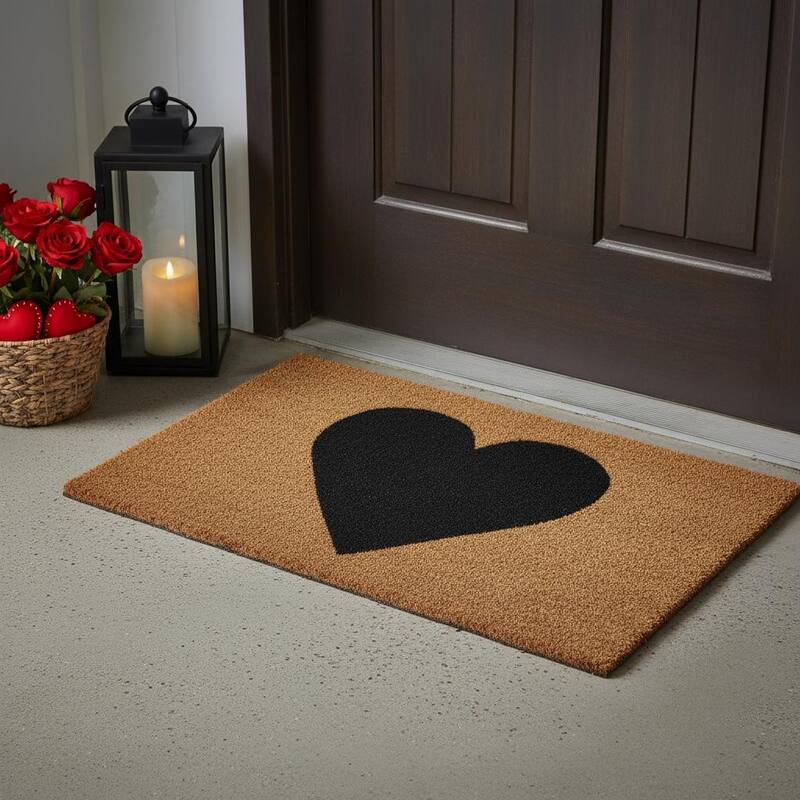 HomeRoots 24" X 36" Brown And Black Heart Outdoor Coir Door Mat - 20.00' X '34.00
