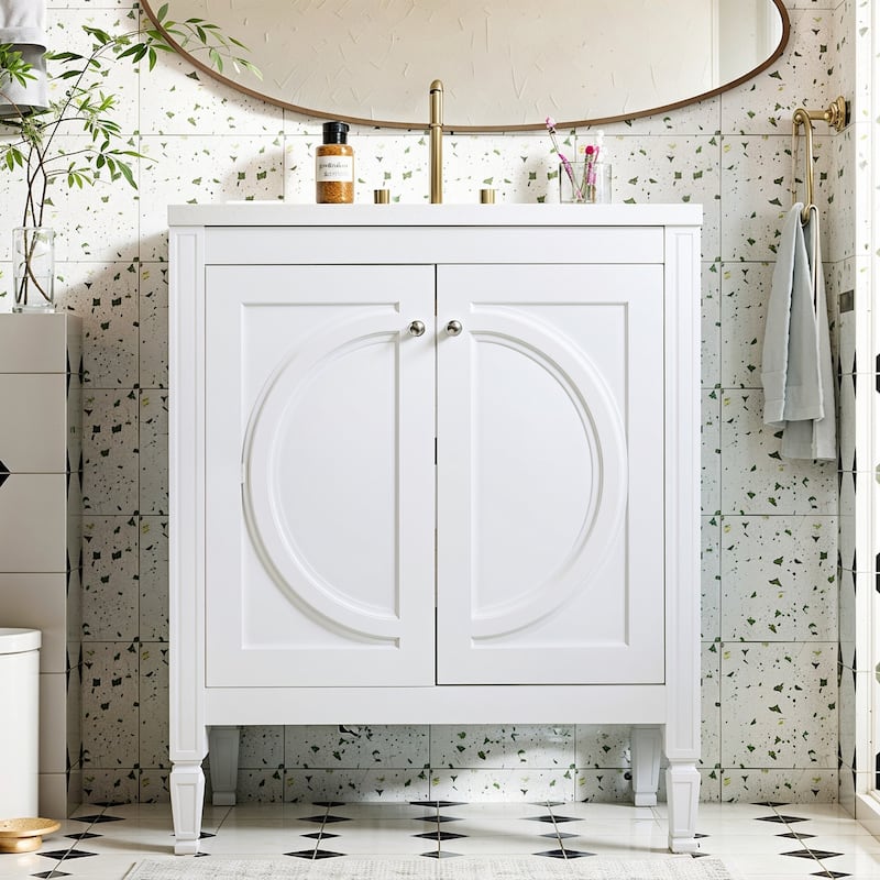 30" No-Installation Bathroom Vanity Set with Ceramic Sink & Wall-Mounted Medicine Cabinet, Modern White - White