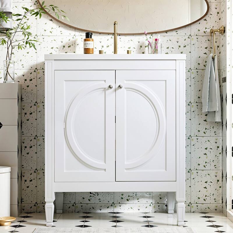 Bathroom Vanity with Ceramic Sink, Solid Wood Bathroom Cabinet, Storage Cabinet with 2 Soft-Close Doors & Adjustable Shelf - White