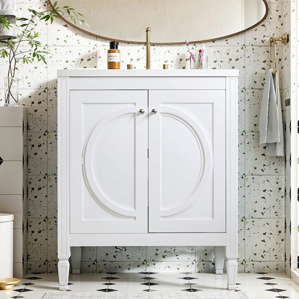 Bathroom Vanity with Ceramic Sink, Solid Wood Bathroom Cabinet, Storage Cabinet with 2 Soft-Close Doors & Adjustable Shelf