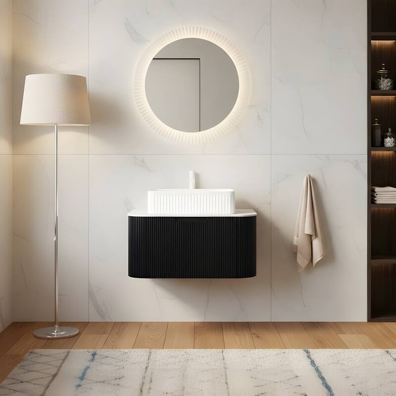 Wall Mounted Bathroom Vanity with White Rectangular Ceramic Basin - 30 - Black